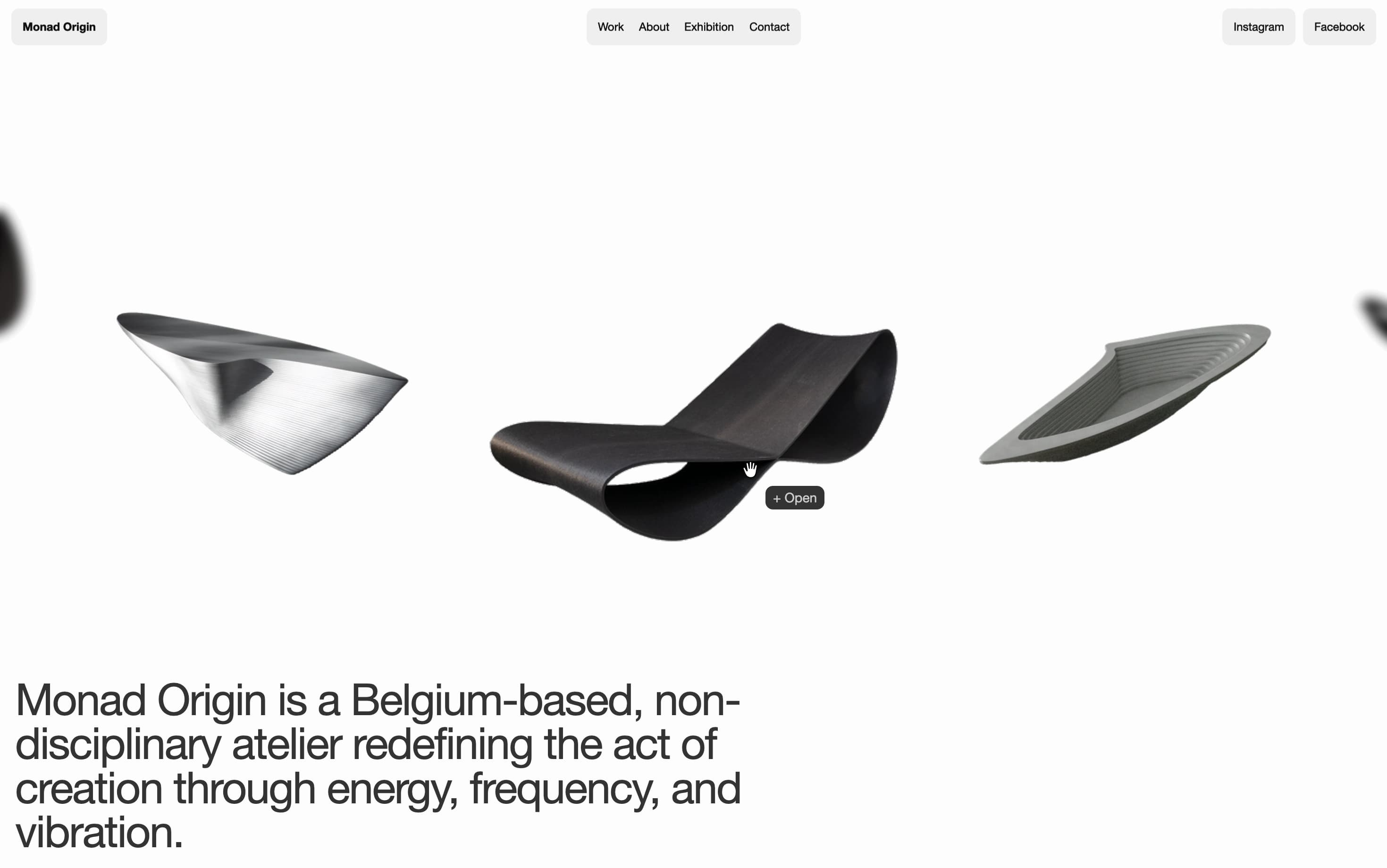 Monad Origin homepage concept with interactive sculptural works.
