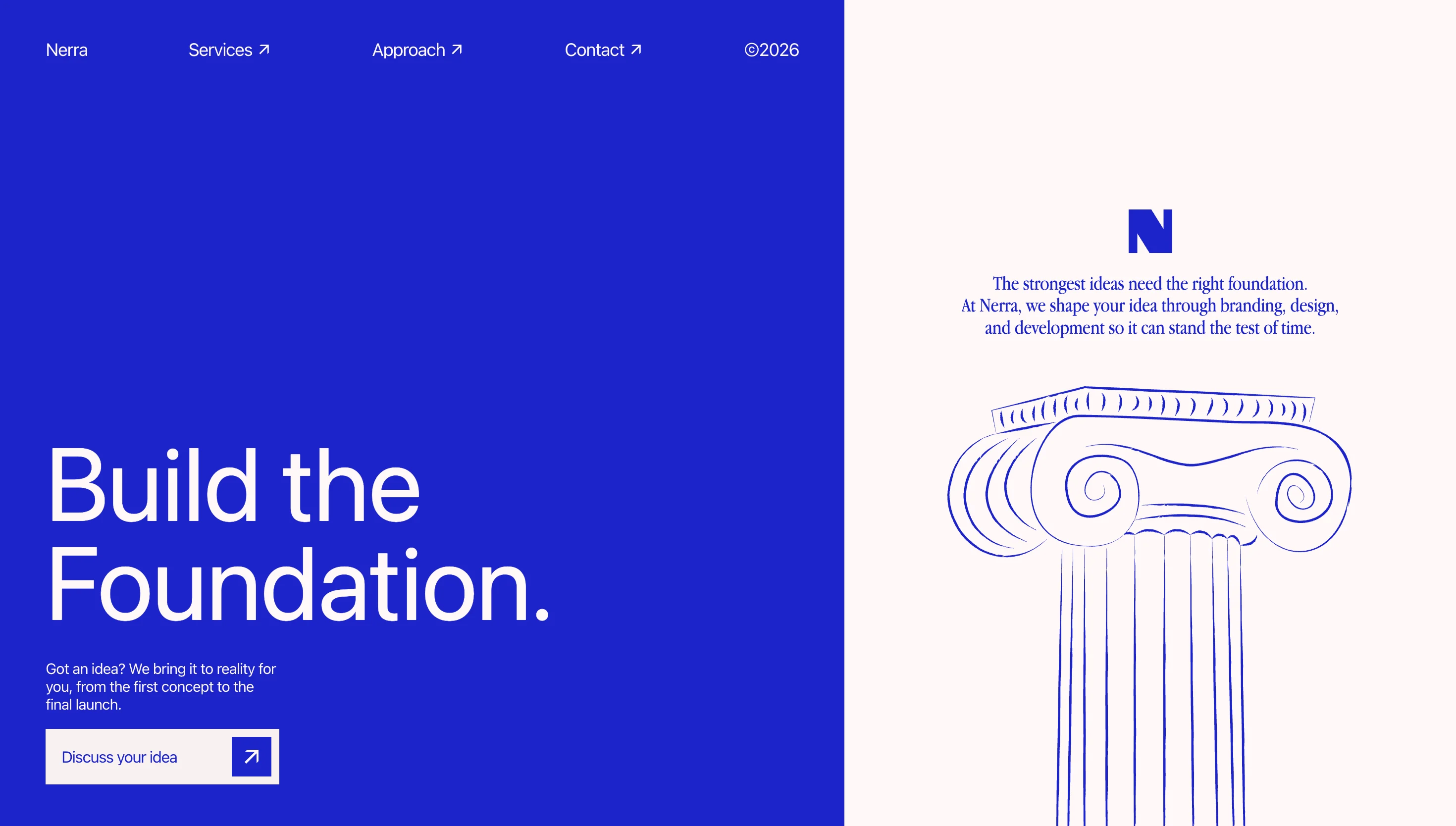Nerra website homepage, featuring a blue foundation message and an illustrated classical column